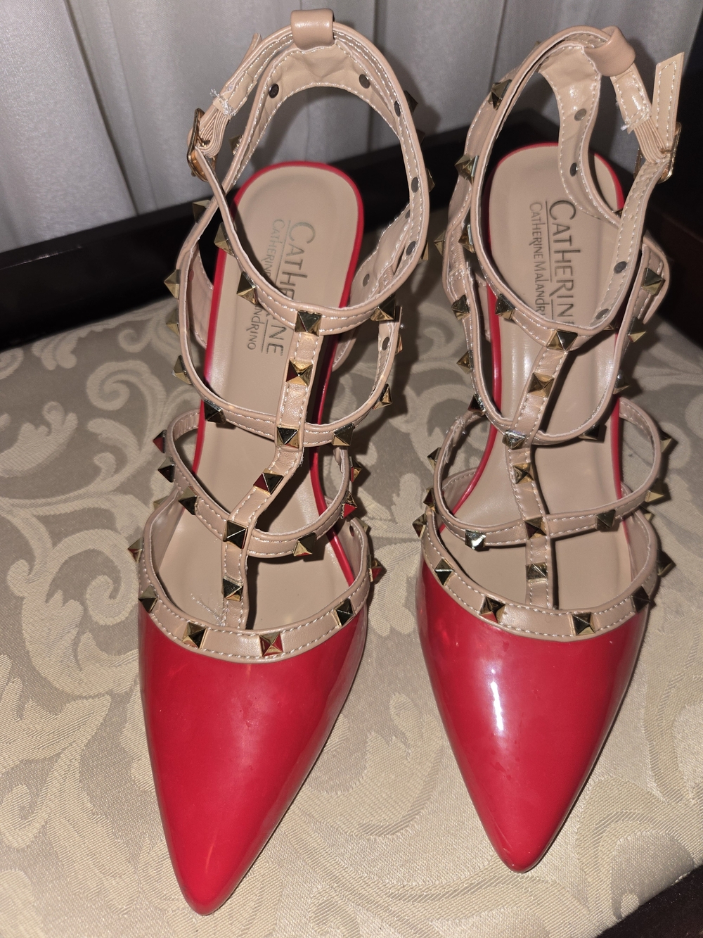 Studded Strappy Pointed-Toe Heels in Red and Nude - Picture 8 of 11